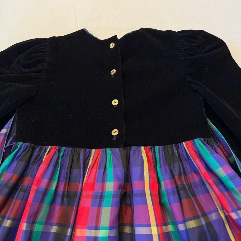 Vintage Polly Flinders | Velvet & Plaid Holiday Dress | Gold Button Back | Girls